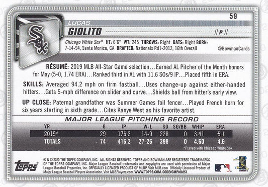 2020 Bowman Lucas Giolito #59 Chicago White Sox