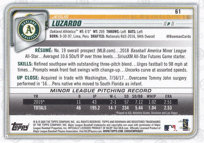 2020 Bowman Jesus Luzardo RC #61 Oakland Athletics