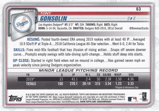 2020 Bowman Tony Gonsolin RC #63 Los Angeles Dodgers