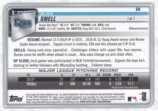2020 Bowman Blake Snell #68 Tampa Bay Rays