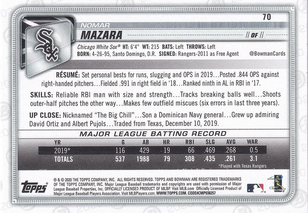 2020 Bowman Nomar Mazara #70 Chicago White Sox