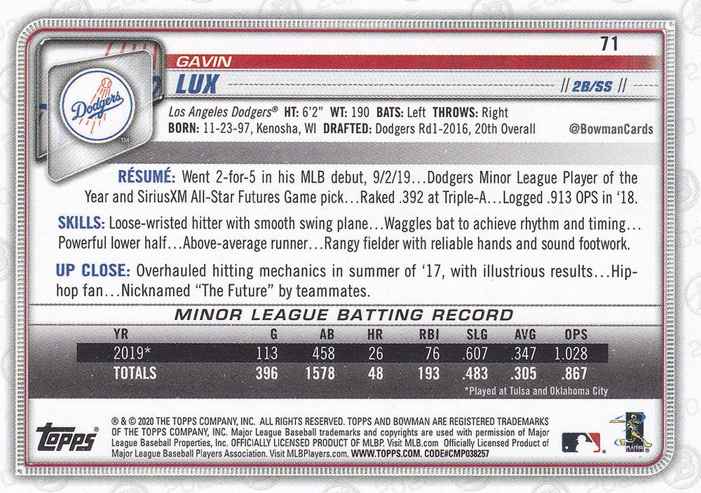 2020 Bowman Gavin Lux RC #71 Los Angeles Dodgers