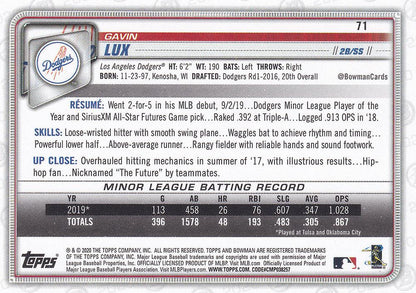 2020 Bowman Gavin Lux RC #71 Los Angeles Dodgers