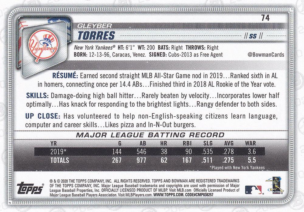 2020 Bowman Gleyber Torres #74 New York Yankees