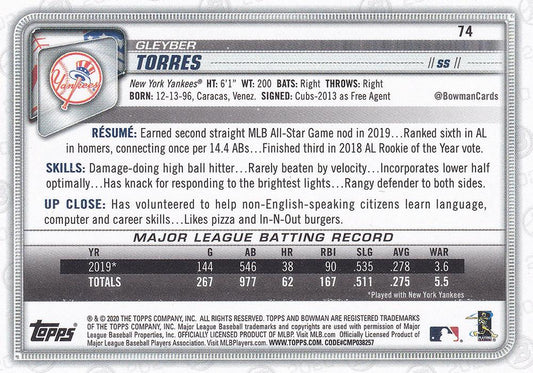 2020 Bowman Gleyber Torres #74 New York Yankees