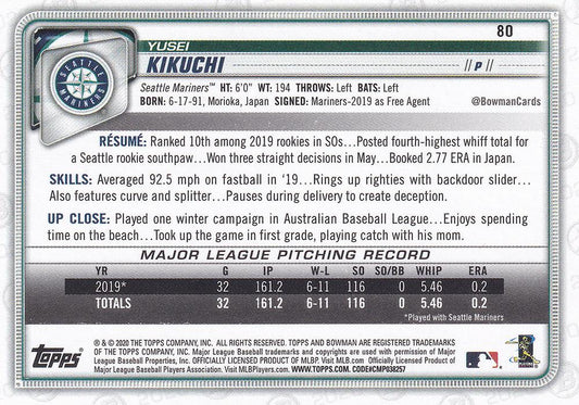 2020 Bowman Yusei Kikuchi #80 Seattle Mariners