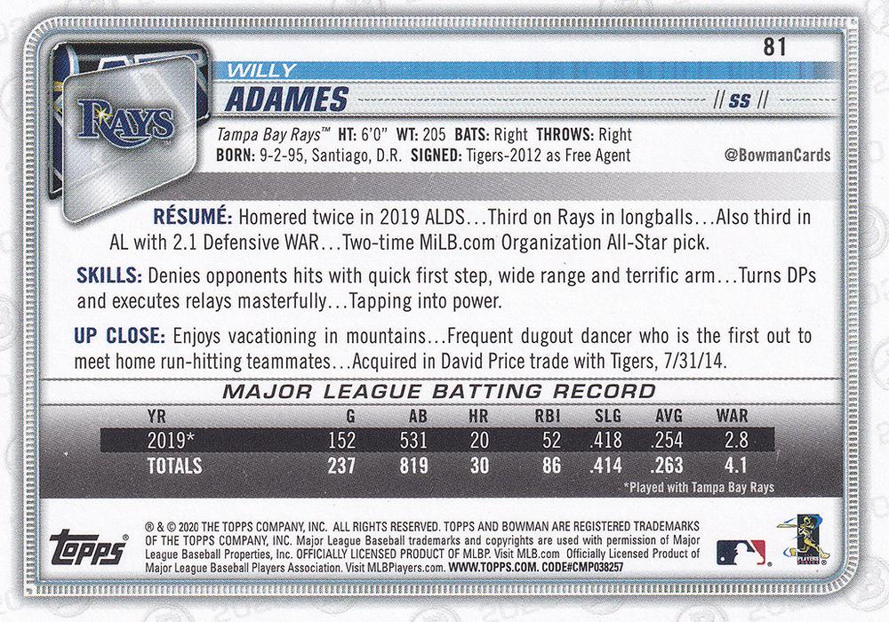 2020 Bowman Willy Adames #81 Tampa Bay Rays