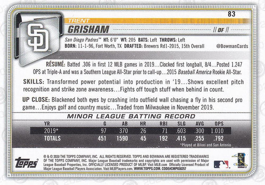 2020 Bowman Trent Grisham RC #83 San Diego Padres