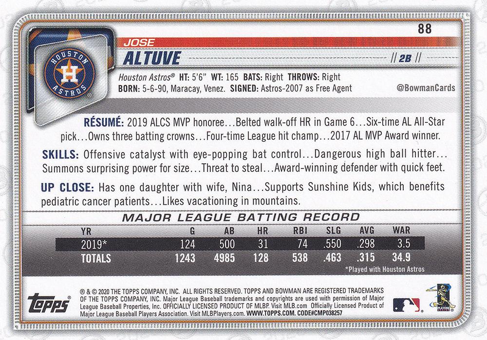 2020 Bowman Jose Altuve #88 Houston Astros