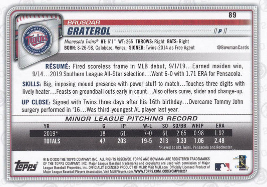 2020 Bowman Brusdar Graterol RC #89 Minnesota Twins