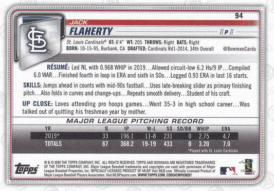 2020 Bowman Jack Flaherty #94 St. Louis Cardinals