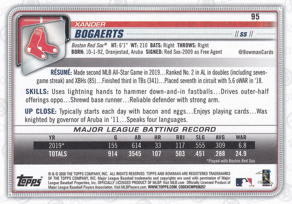 2020 Bowman Xander Bogaerts #95 Boston Red Sox