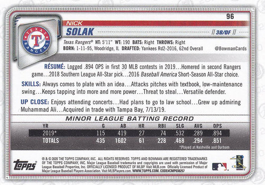 2020 Bowman Nick Solak RC #96 Texas Rangers