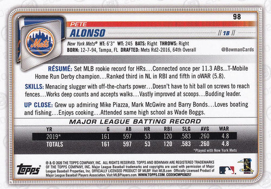 2020 Bowman Pete Alonso #98 New York Mets