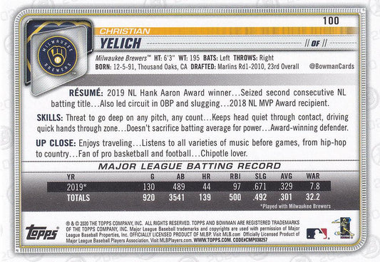 2020 Bowman Christian Yelich #100 Milwaukee Brewers