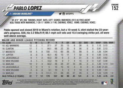 2020 Topps Chrome Pablo Lopez  #152 Miami Marlins
