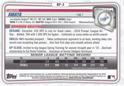 2020 Bowman Prospects Jacob Amaya BP-3 Los Angeles Dodgers