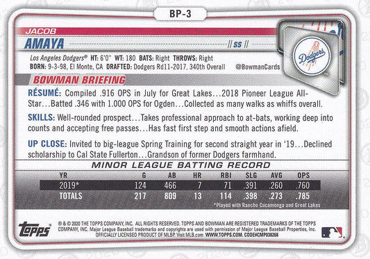 2020 Bowman Prospects Jacob Amaya BP-3 Los Angeles Dodgers
