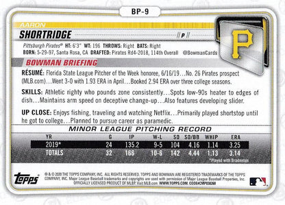 2020 Bowman Prospects Aaron Shortridge BP-9 Pittsburgh Pirates