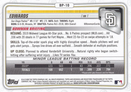 2020 Bowman Prospects Xavier Edwards BP-10 San Diego Padres