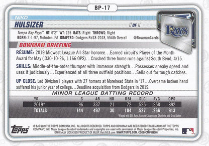 2020 Bowman Prospects Niko Hulsizer BP-17 Tampa Bay Rays