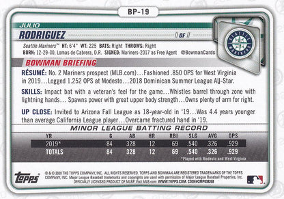 2020 Bowman Prospects Julio Rodriguez BP-19 Seattle Mariners