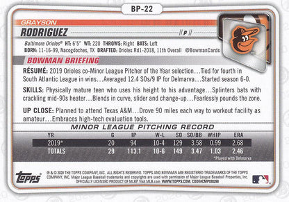 2020 Bowman Prospects Grayson Rodriguez BP-22 Baltimore Orioles