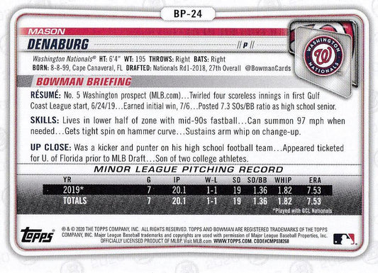 2020 Bowman Prospects Mason Denaburg BP-24 Washington Nationals