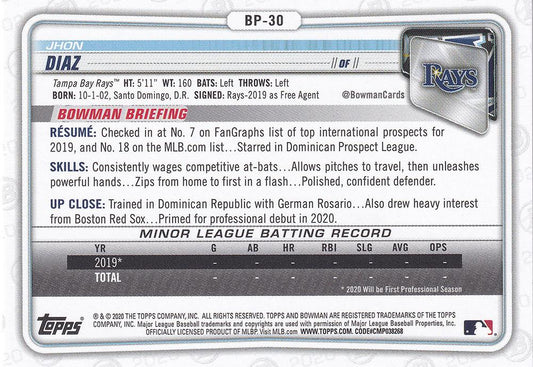 2020 Bowman Prospects Jhon Diaz BP-30 Tampa Bay Rays
