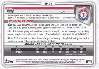 2020 Bowman Prospects Sam Huff BP-33 Texas Rangers