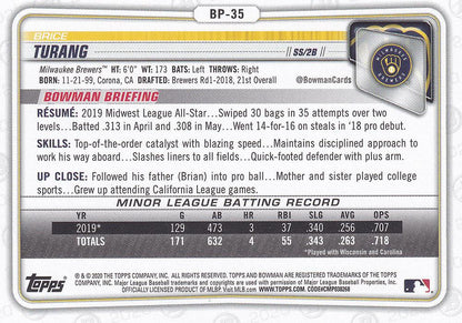 2020 Bowman Prospects Brice Turang BP-35 Milwaukee Brewers