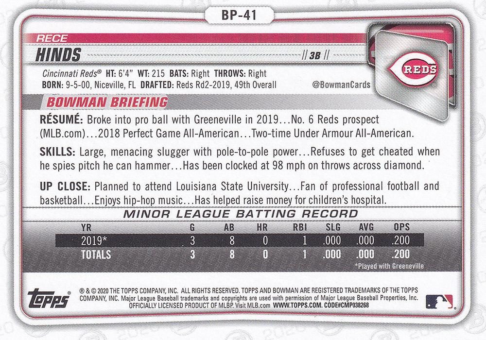 2020 Bowman Prospects Rece Hinds BP-41 Cincinnati Reds