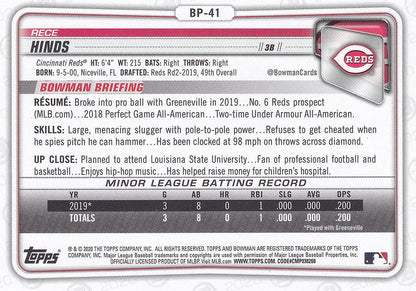 2020 Bowman Prospects Rece Hinds BP-41 Cincinnati Reds