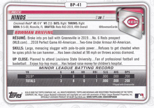 2020 Bowman Prospects Rece Hinds BP-41 Cincinnati Reds