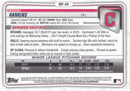 2020 Bowman Prospects Ethan Hankins BP-44 Cleveland Indians