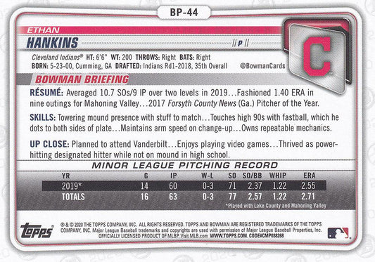 2020 Bowman Prospects Ethan Hankins BP-44 Cleveland Indians
