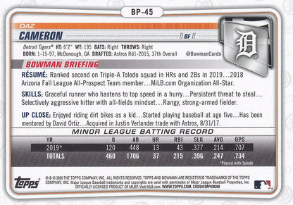 2020 Bowman Prospects Daz Cameron BP-45 Detroit Tigers