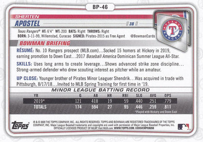 2020 Bowman Prospects Sherten Apostel BP-46 Texas Rangers