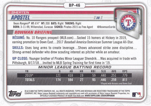 2020 Bowman Prospects Sherten Apostel BP-46 Texas Rangers