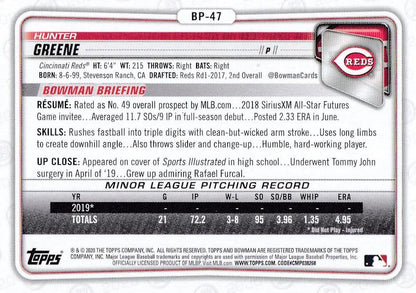 2020 Bowman Prospects Hunter Greene BP-47 Cincinnati Reds