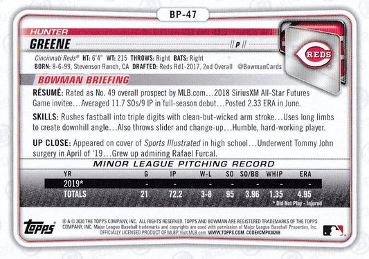 2020 Bowman Prospects Hunter Greene BP-47 Cincinnati Reds