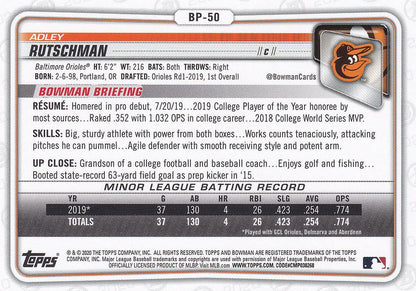 2020 Bowman Prospects Adley Rutschman BP-50 Baltimore Orioles