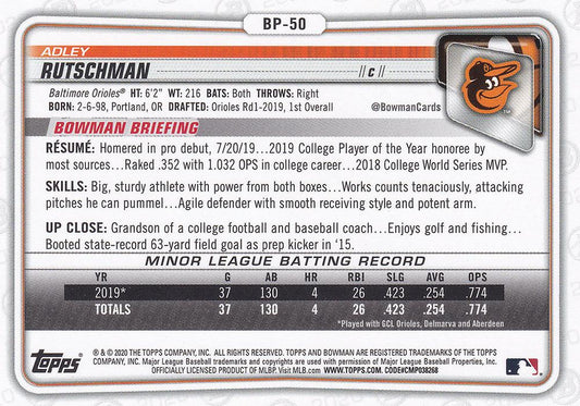 2020 Bowman Prospects Adley Rutschman BP-50 Baltimore Orioles