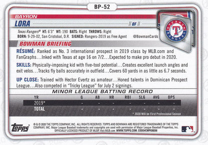 2020 Bowman Prospects Bayron Lora BP-52 Texas Rangers