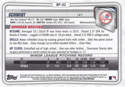 2020 Bowman Prospects Clarke Schmidt BP-53 New York Yankees