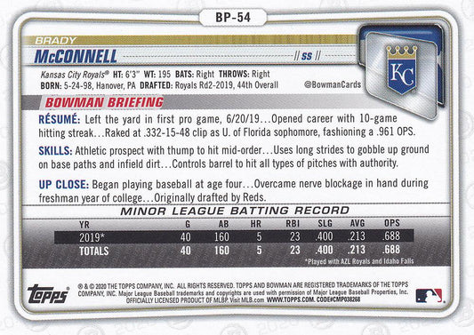 2020 Bowman Prospects Brady McConnell BP-54 Kansas City Royals