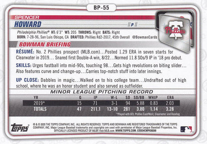 2020 Bowman Prospects Spencer Howard BP-55 Philadelphia Phillies