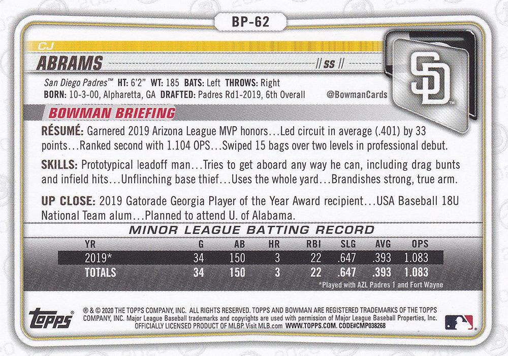 2020 Bowman Prospects CJ Abrams BP-62 San Diego Padres