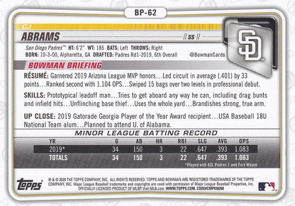 2020 Bowman Prospects CJ Abrams BP-62 San Diego Padres