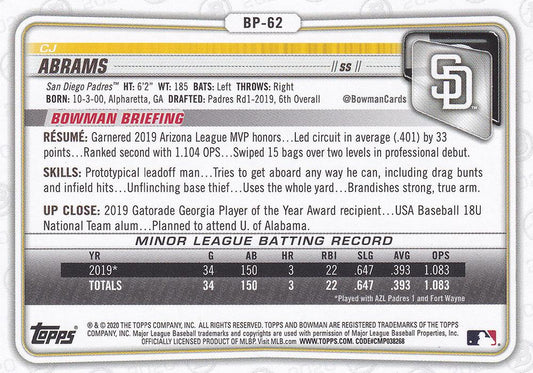 2020 Bowman Prospects CJ Abrams BP-62 San Diego Padres